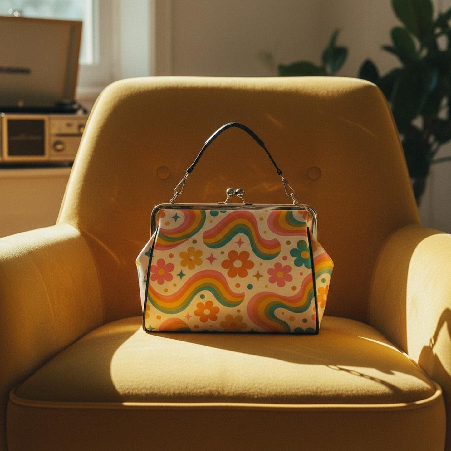 Rainbow Purse, Vintage Floral Kiss Lock Crossbody Handbag
