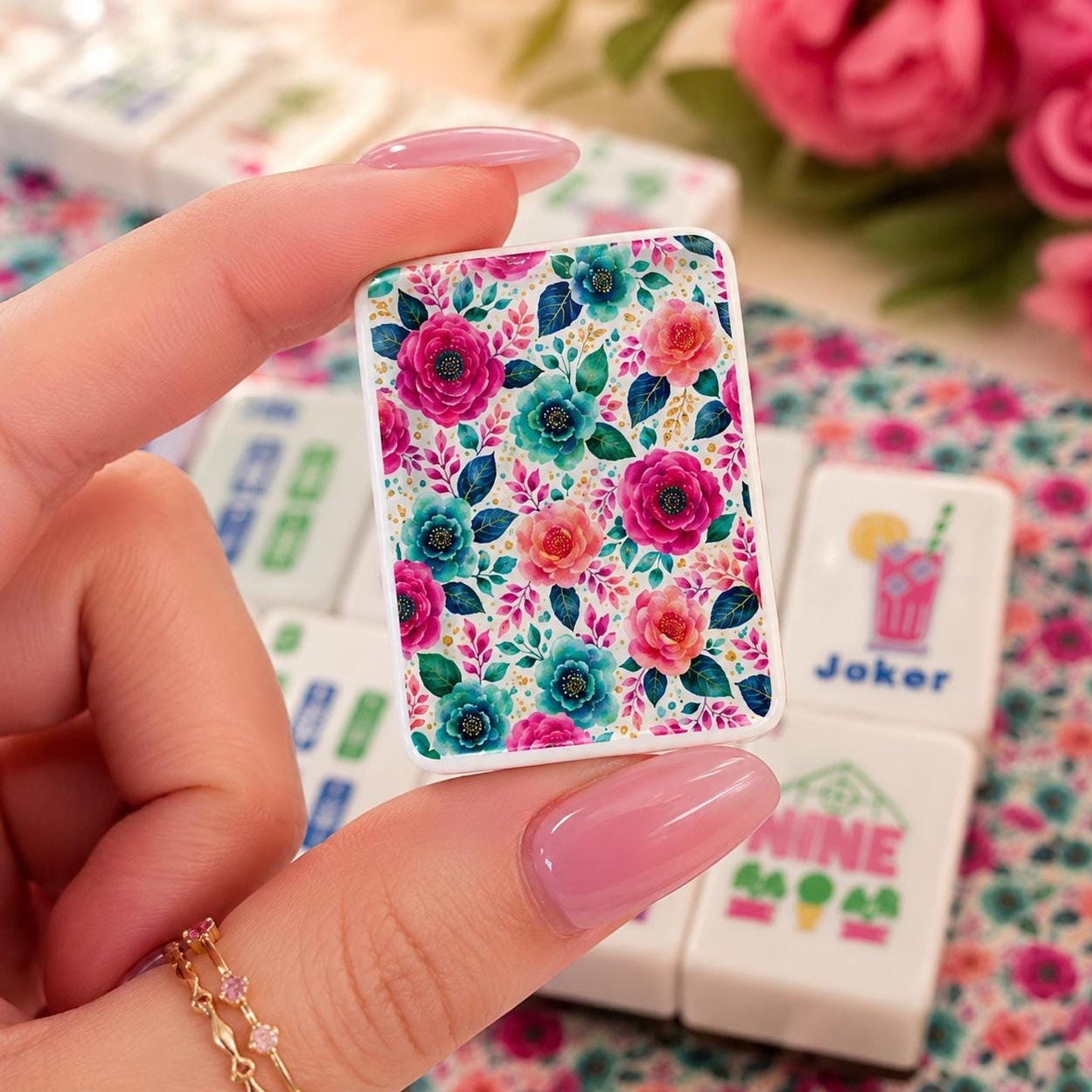 Floral Mahjong Set, 160-Piece Acrylic Tiles with Jokers