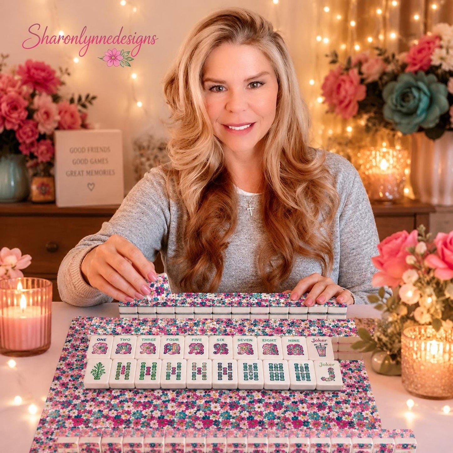 Floral Mahjong Set, 160-Piece Acrylic Tiles with Jokers