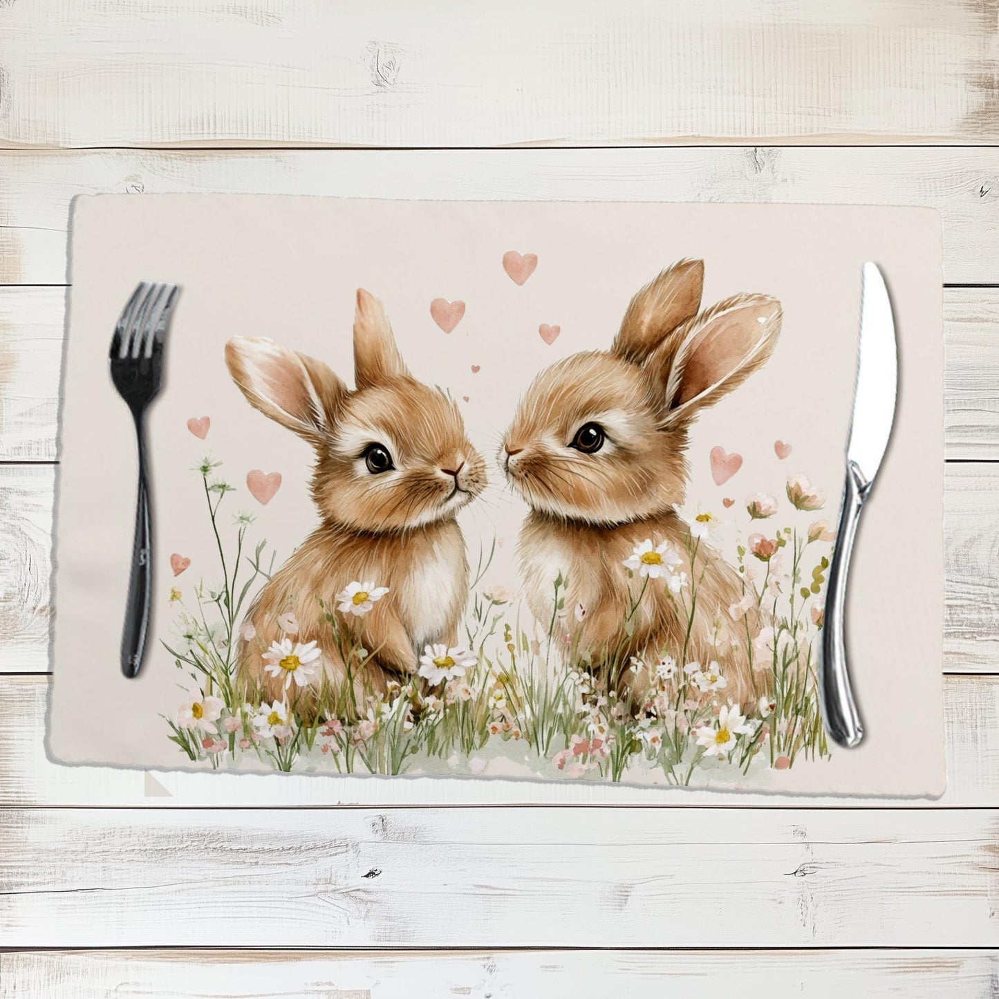 Bunny Placemats Set of 6, Durable Polyester Table Protectors with Floral Design