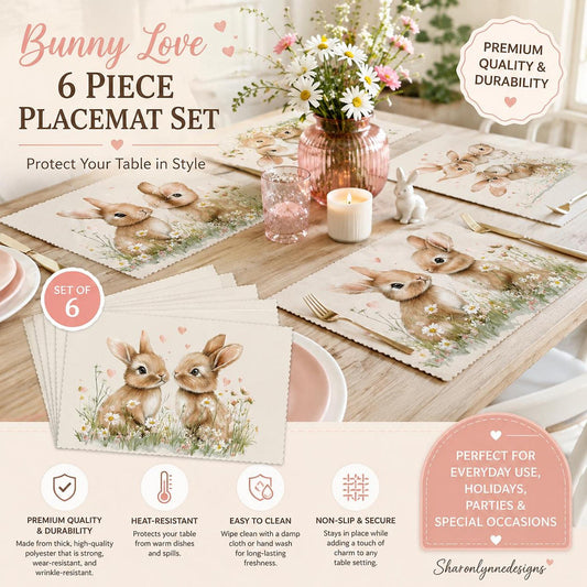 Bunny Placemats Set of 6, Durable Polyester Table Protectors with Floral Design