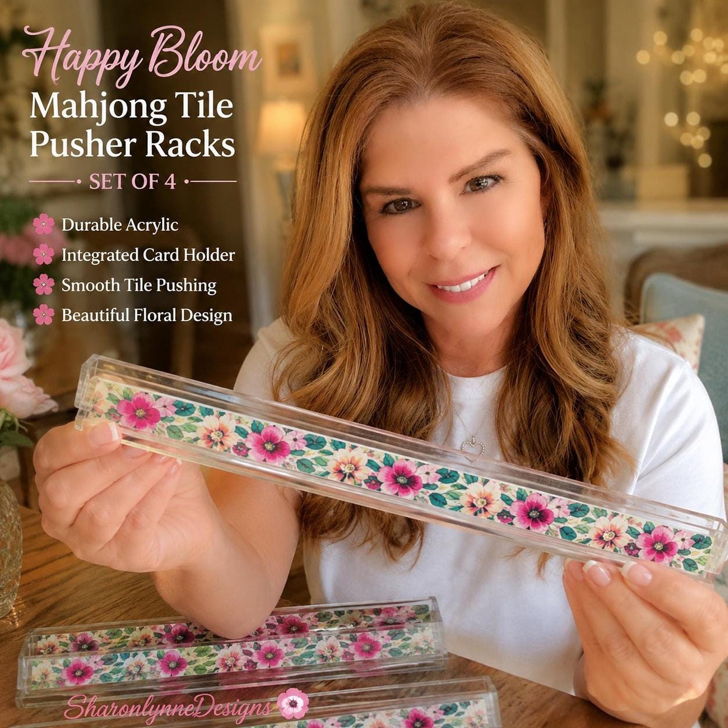 Mahjong Rack Set, Happy Bloom Floral Acrylic with Card Holders