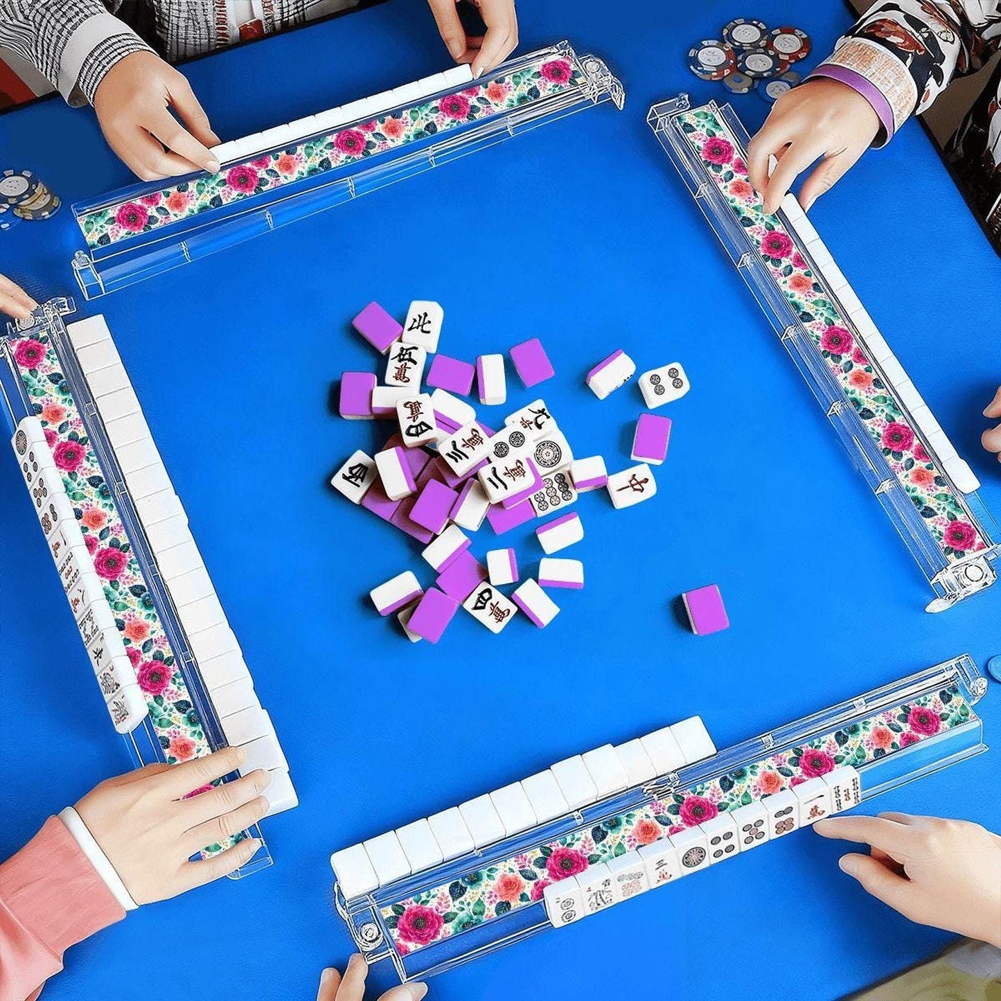 Mahjong Rack Set, Happy Bloom Floral Acrylic with Card Holders