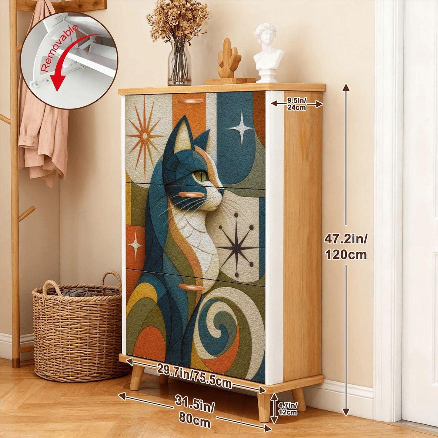 Retro Cat Cabinet, Mid Century Modern Shoe Storage with Geometric Artwork
