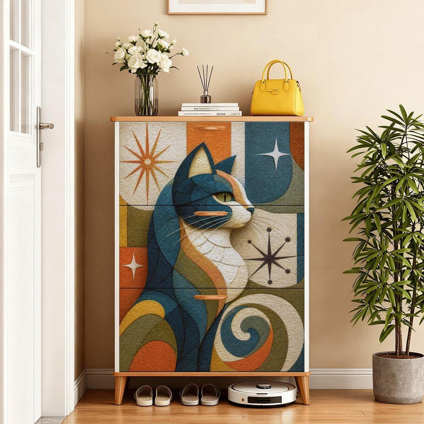 Retro Cat Cabinet, Mid Century Modern Shoe Storage with Geometric Artwork