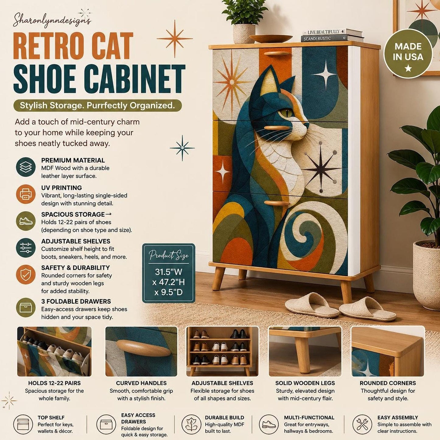 Retro Cat Cabinet, Mid Century Modern Shoe Storage with Geometric Artwork