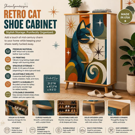 Retro Cat Cabinet, Mid Century Modern Shoe Storage with Geometric Artwork