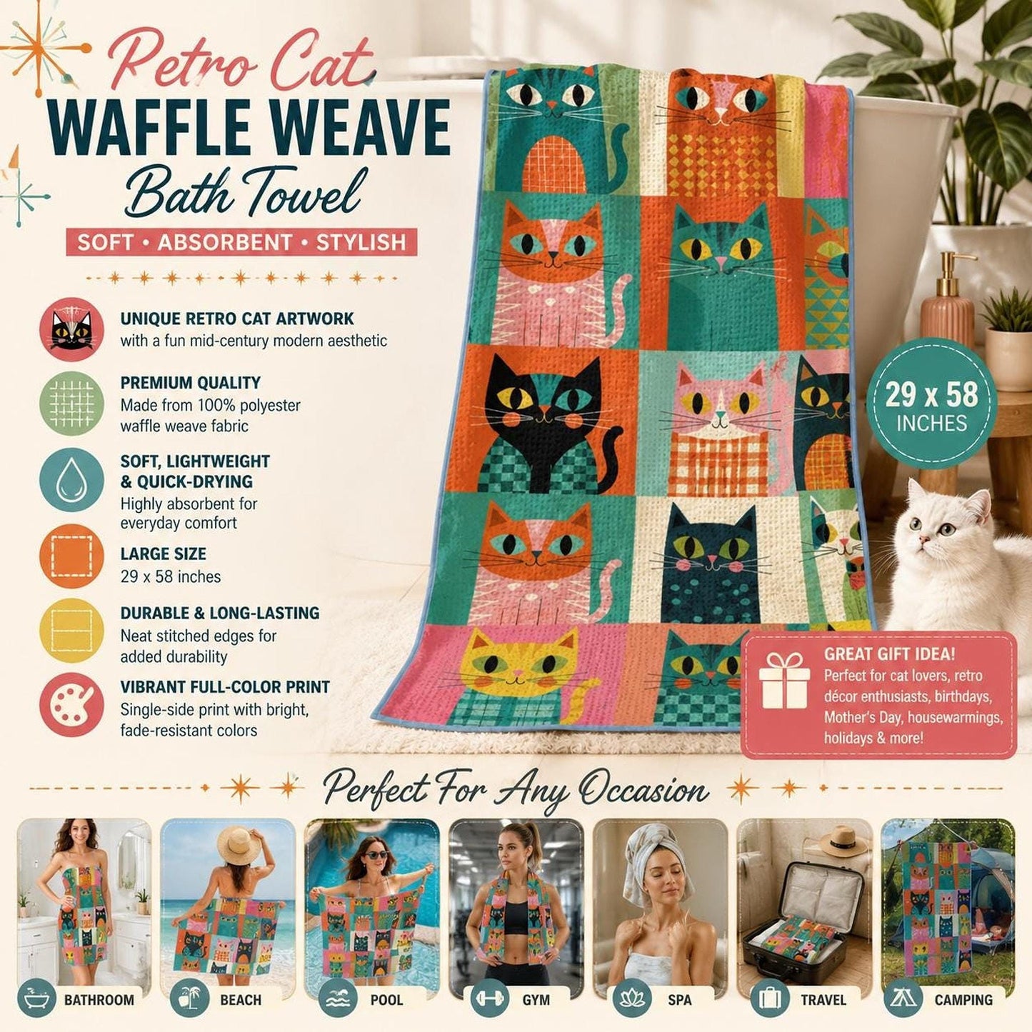 Retro Cat Towel, Colorful Waffle Weave Bath with Fun Artwork