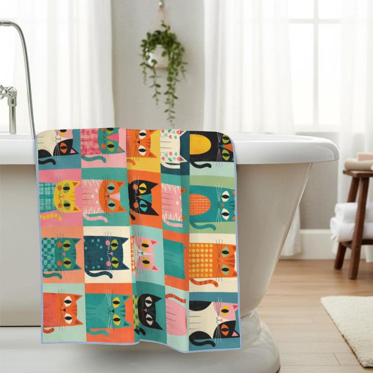 Retro Cat Towel, Colorful Waffle Weave Bath with Fun Artwork