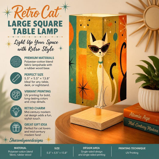 Retro Cat Lamp, Large Square Table with Colorful Artwork