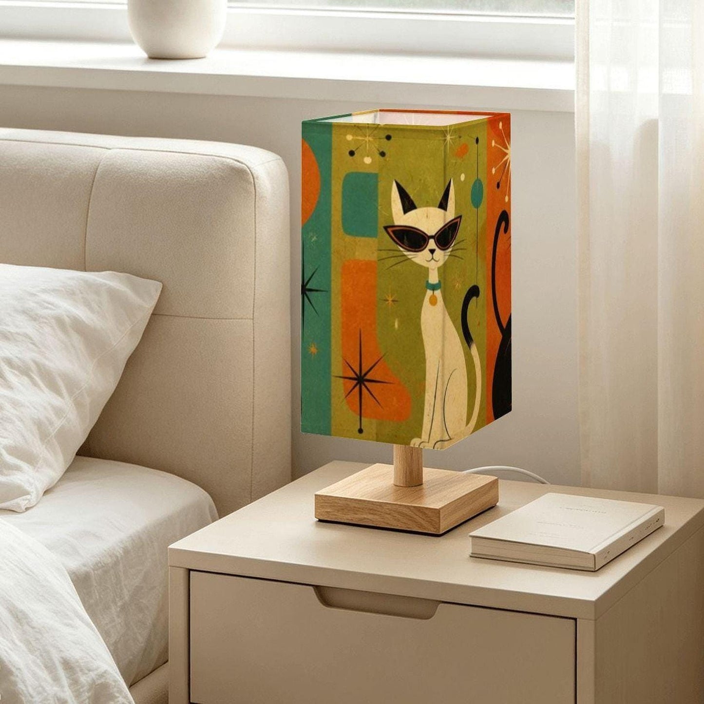 Retro Cat Lamp, Large Square Table with Colorful Artwork