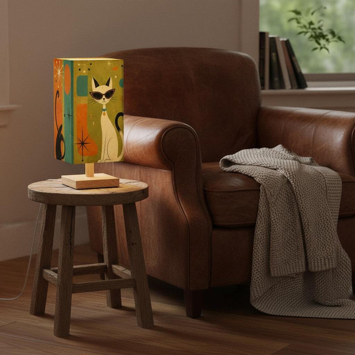 Retro Cat Lamp, Large Square Table with Colorful Artwork