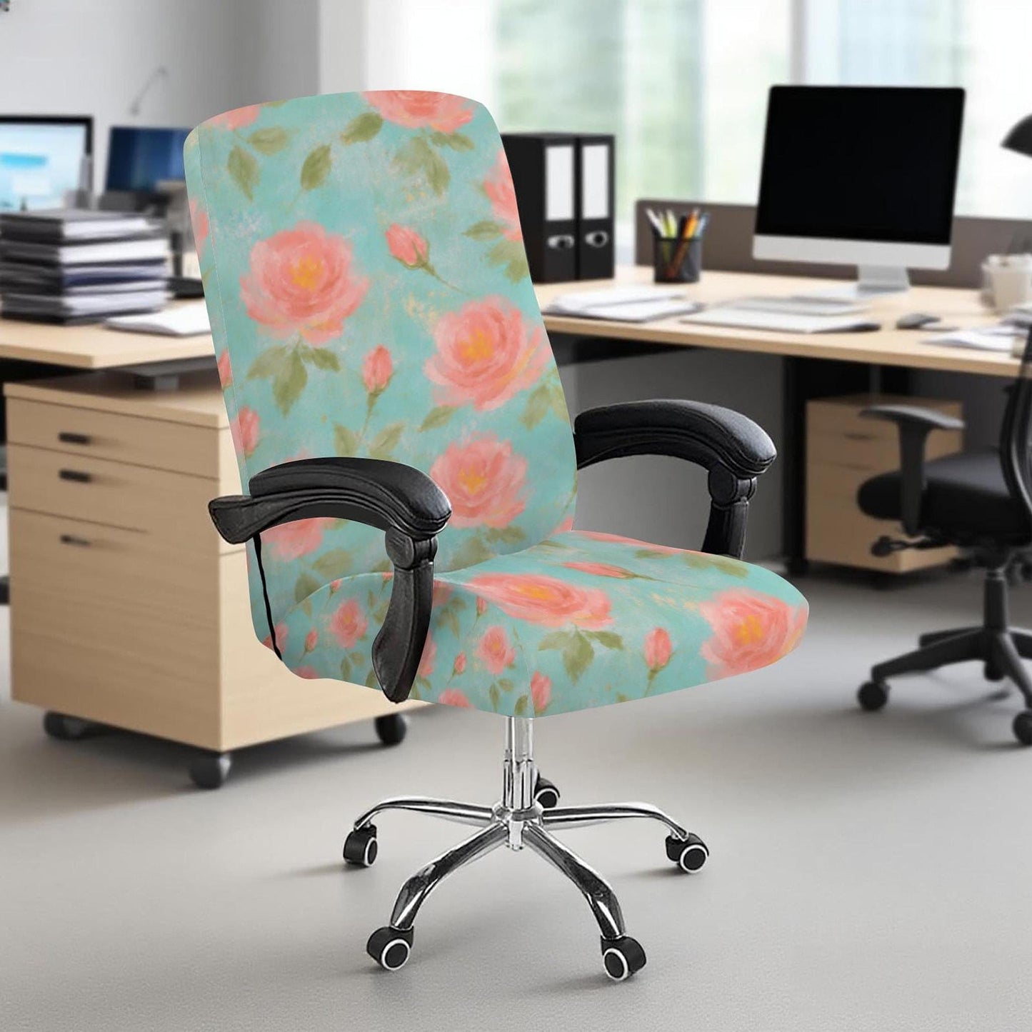 Vintage Floral Desk Chair Cover, Stretch Protector with Pink Roses