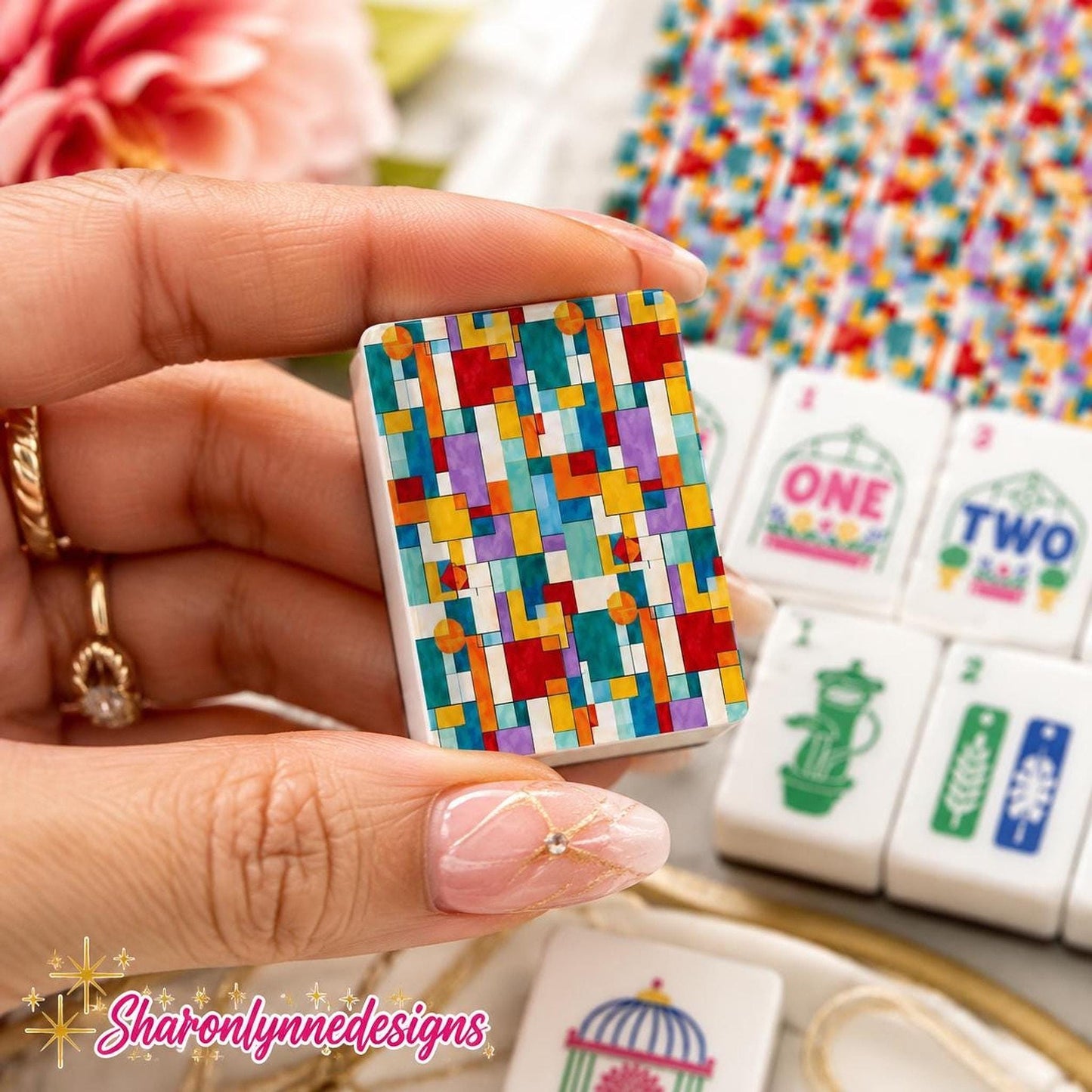 Geometric Acrylic Mahjong Tile Set, 160 Colorful with Jokers