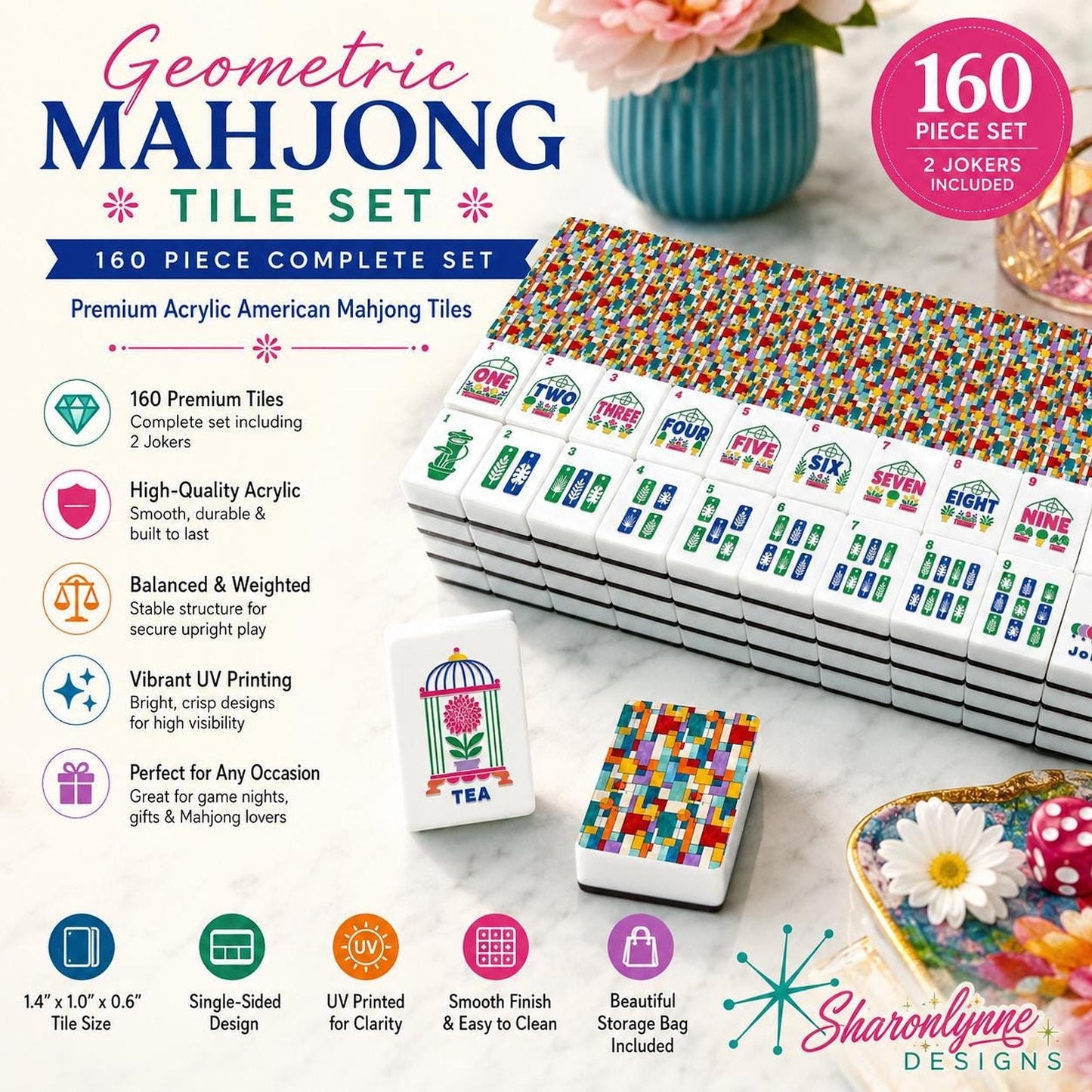 Geometric Acrylic Mahjong Tile Set, 160 Tiles with Jokers