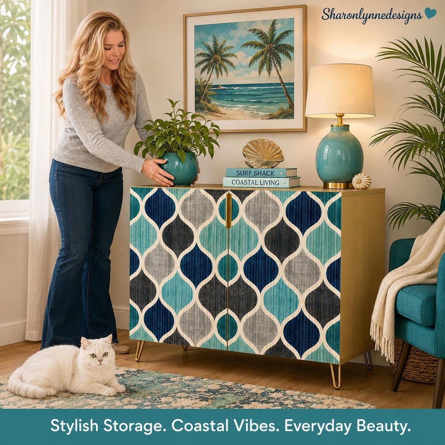 Ocean Cabinet, Mid-Century Mosaic Storage Solution with Coastal Design