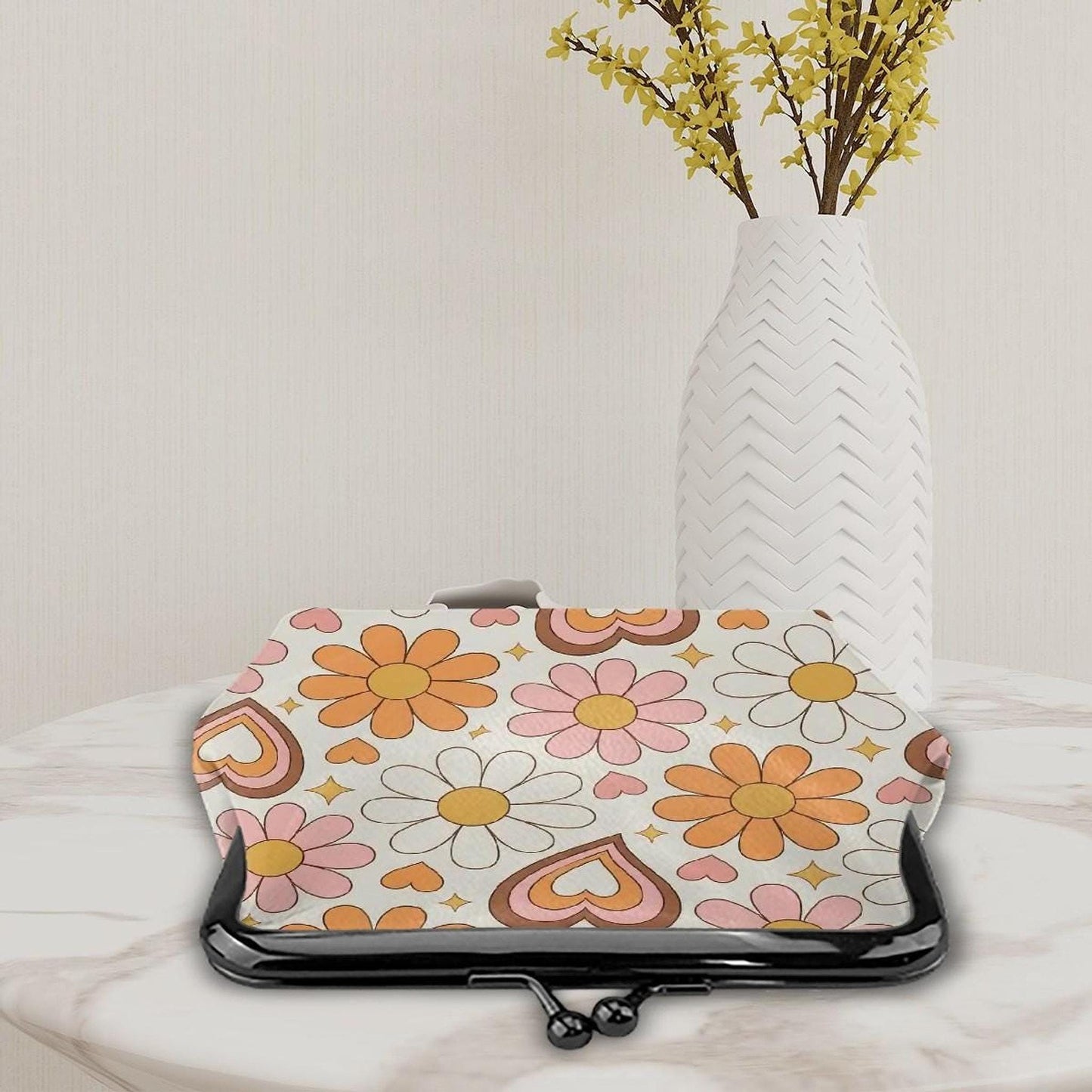 Daisy Coin Purse, Retro Floral Kiss Lock Wallet with Hearts