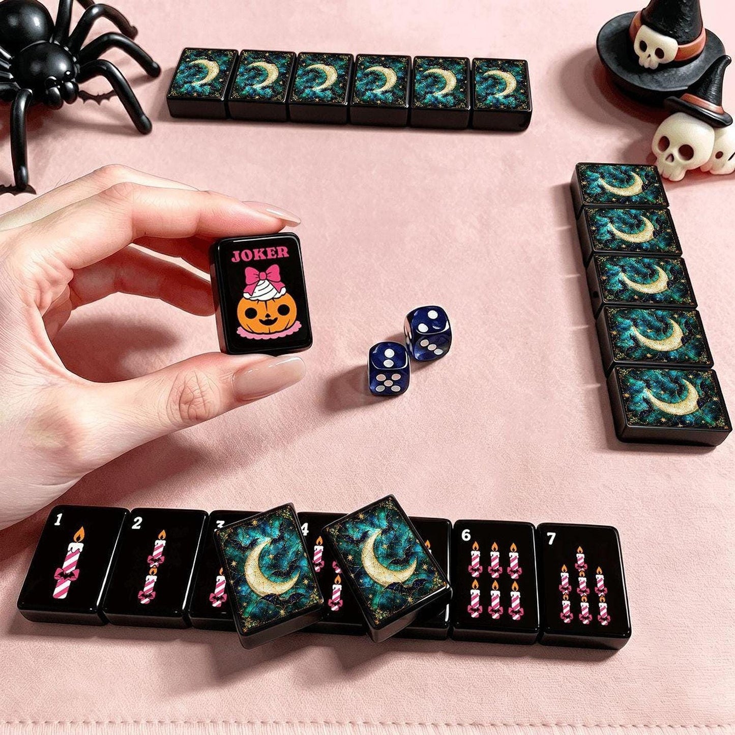 Halloween Mahjong Bat Moon Tile Set – 160 Piece Black Acrylic Game
