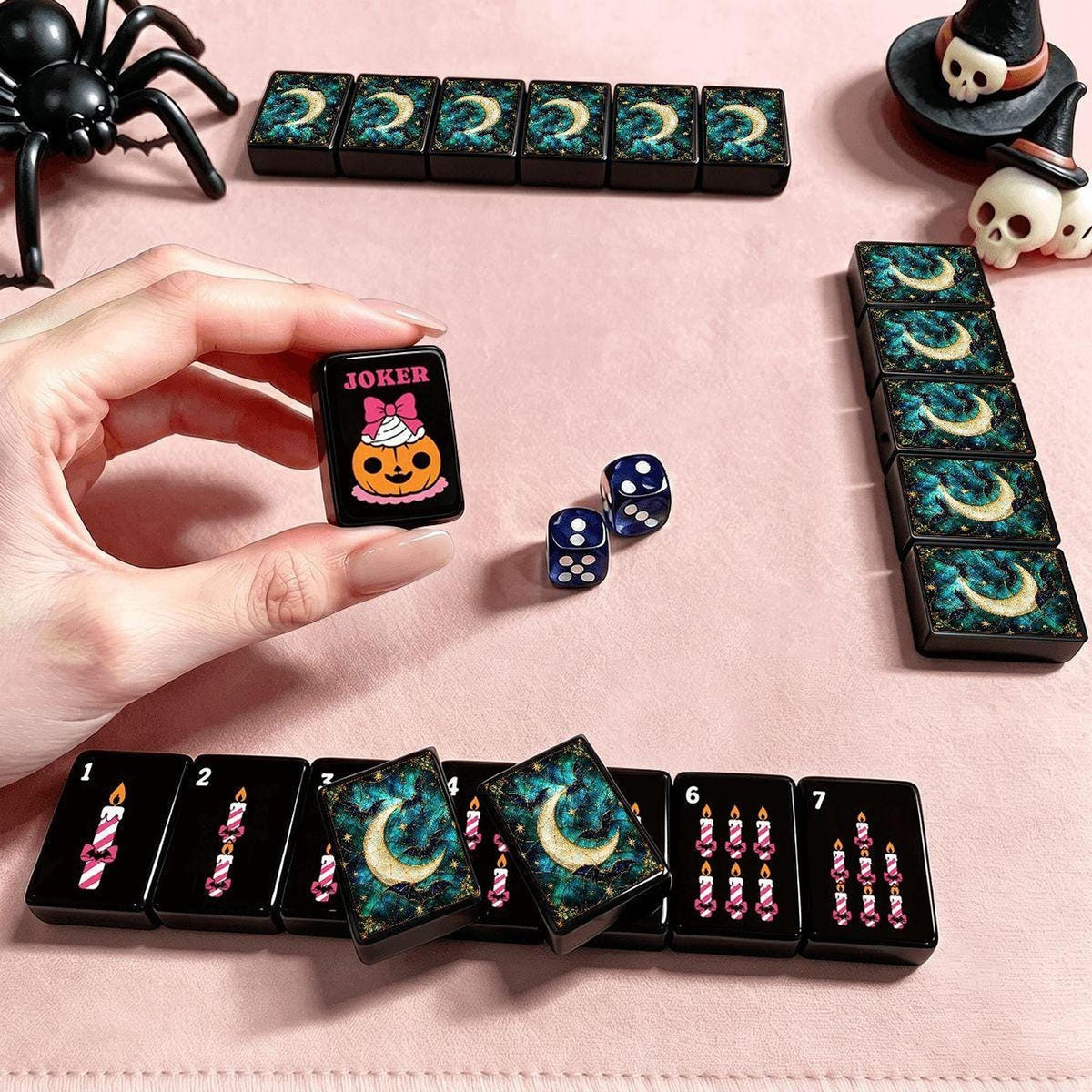 Halloween Mahjong Bat Moon Tile Set – 160 Piece Black Acrylic Game
