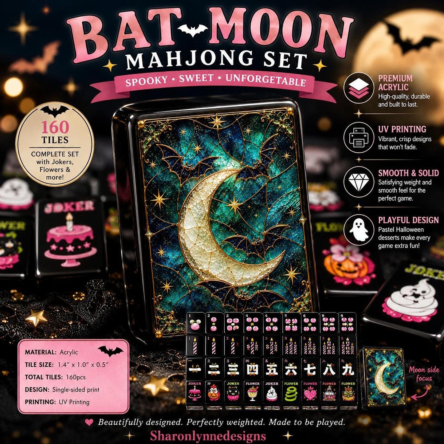 Halloween Mahjong Bat Moon Tile Set – 160 Piece Black Acrylic Game