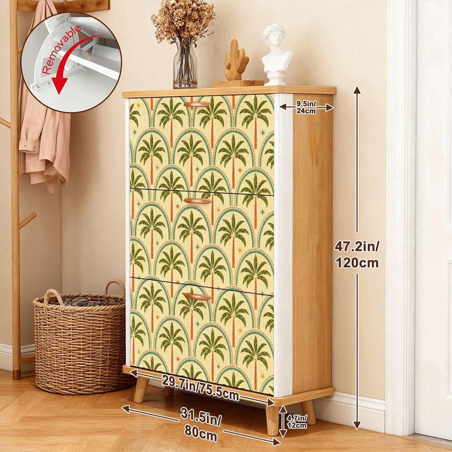 Retro Palm Tree Shoe Organizer, Mid Century Modern Cabinet with Flip Doors