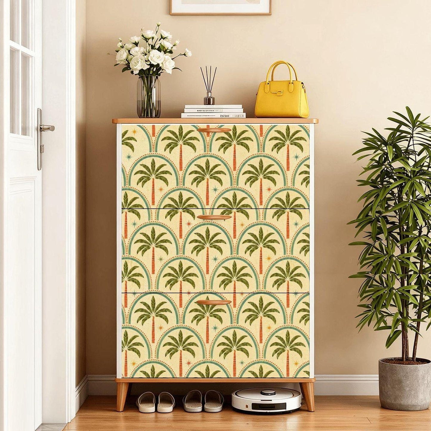 Retro Palm Tree Shoe Organizer, Mid Century Modern Cabinet with Flip Doors