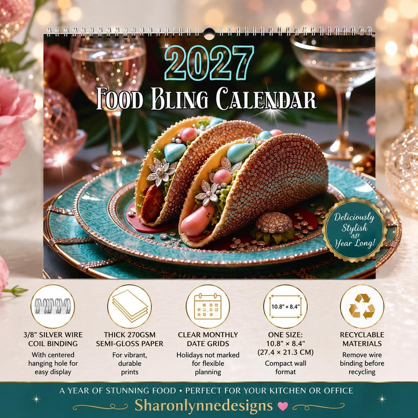 2027 Wall Calendar | Food Bling Photography with Colorful Art
