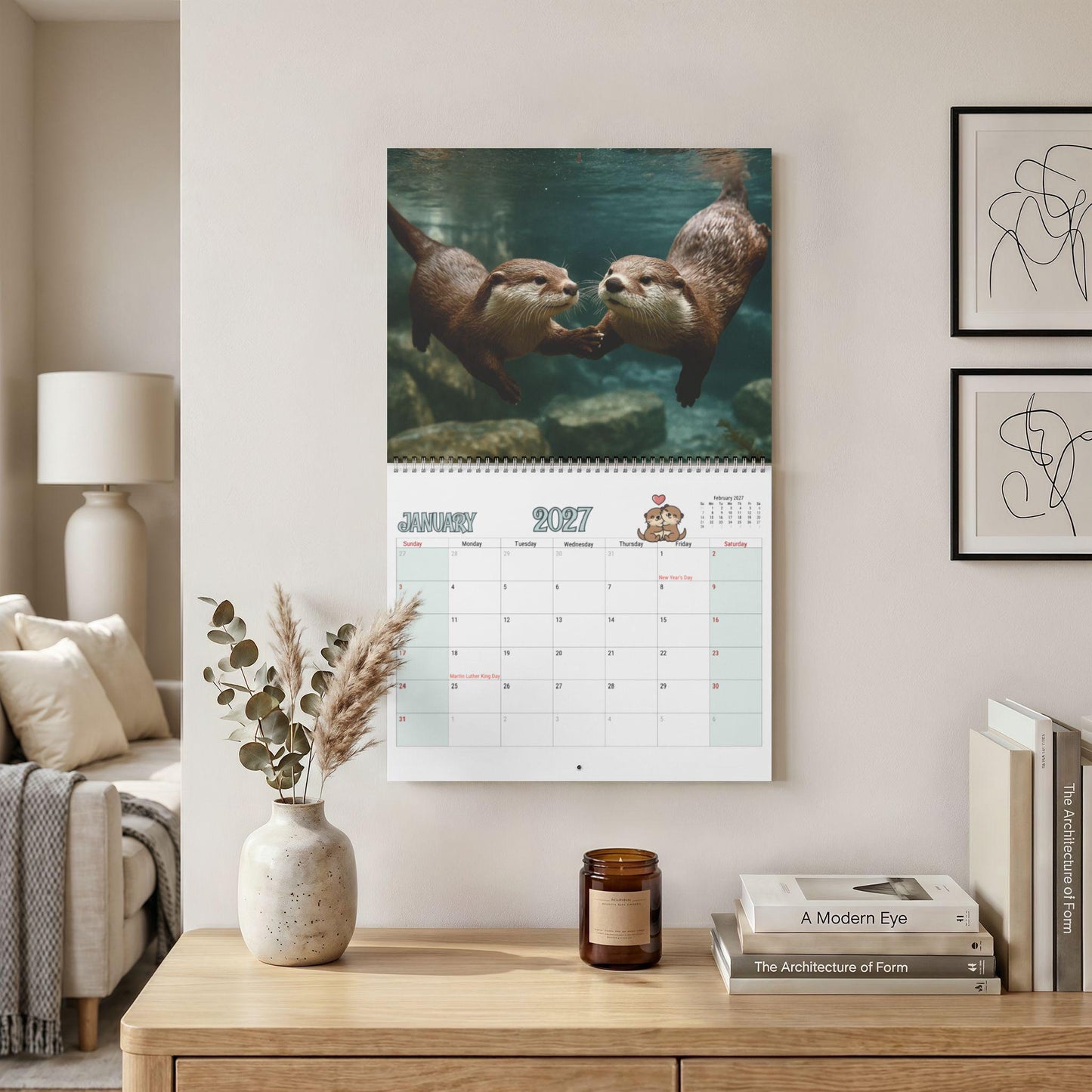 Sea Otters Wall Calendar Monthly Blank Grid Wildlife Photography Nature Marine Animal Decor Gift