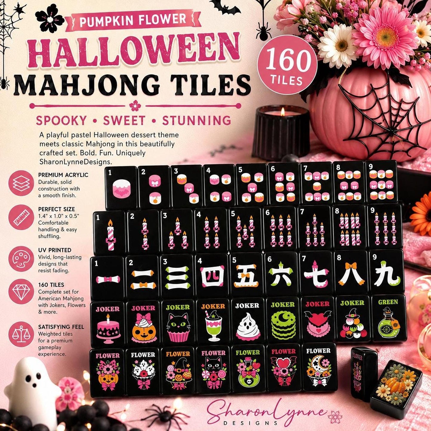 Pumpkin Mahjong Floral Halloween Tiles, American Set with Decorative Design, for Game Night