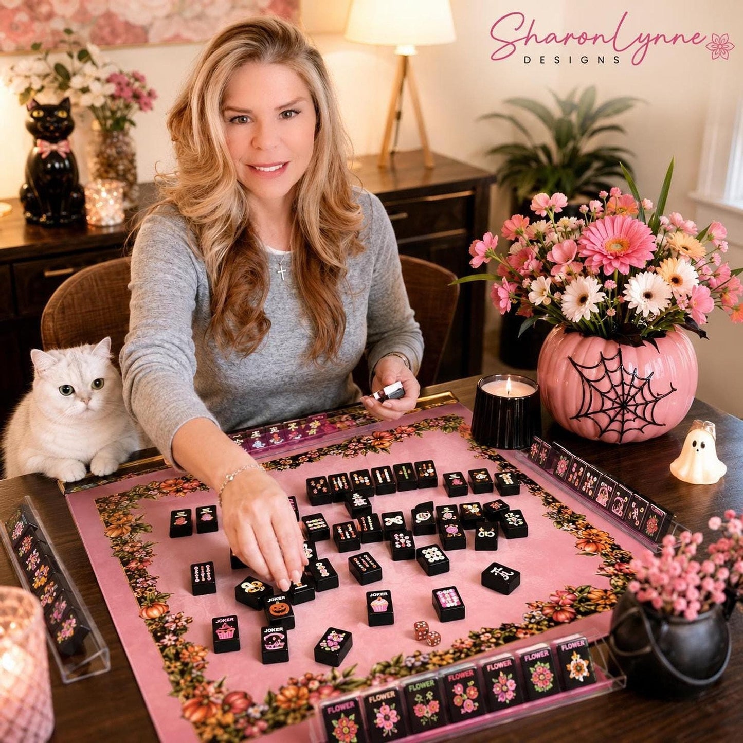 Pumpkin Mahjong Floral Halloween Tiles, American Set with Decorative Design, for Game Night
