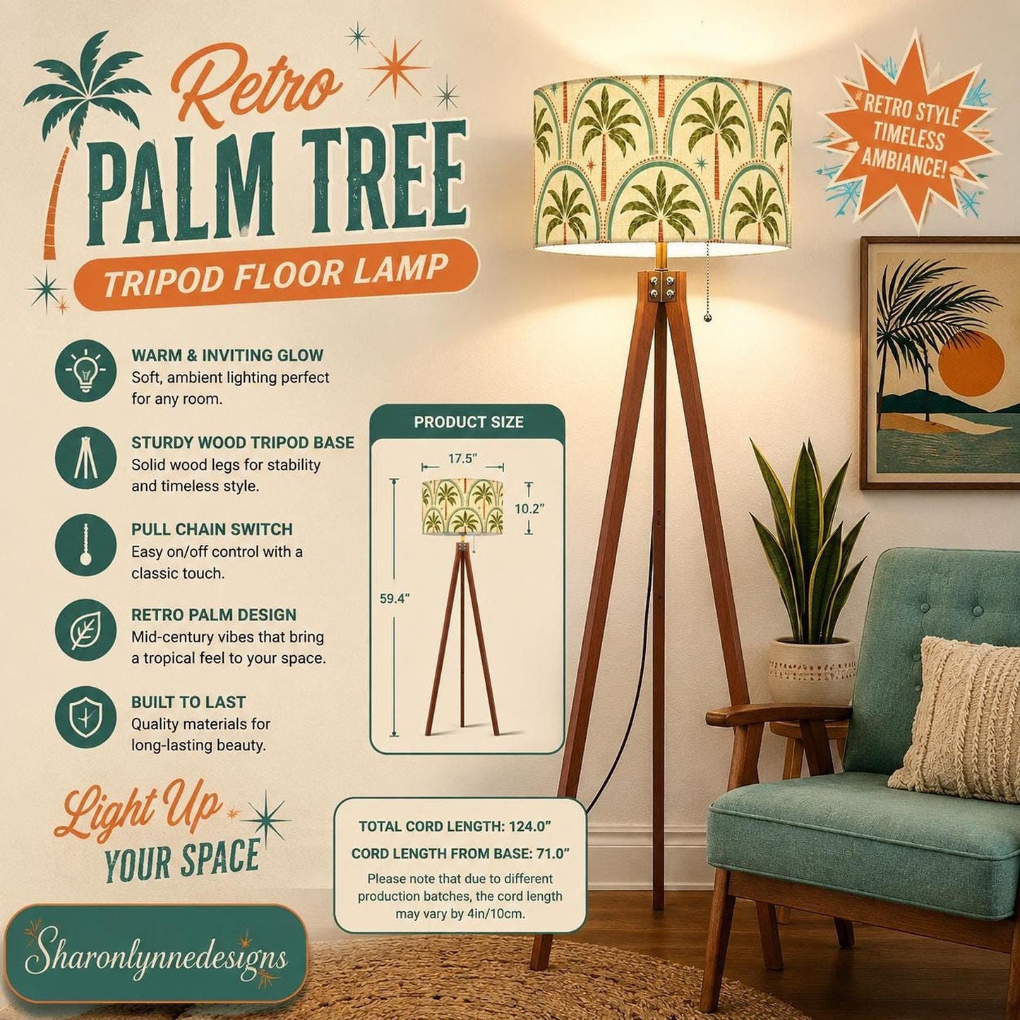 Retro Floor Lamp with Palm Tree Design, Wooden Tripod Base and LED Smart Bulb