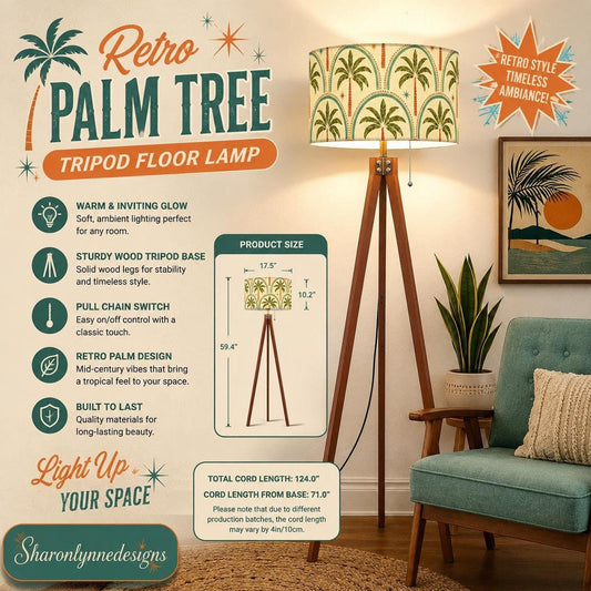 Retro Floor Lamp with Palm Tree Design, Wooden Tripod Base and LED Smart Bulb