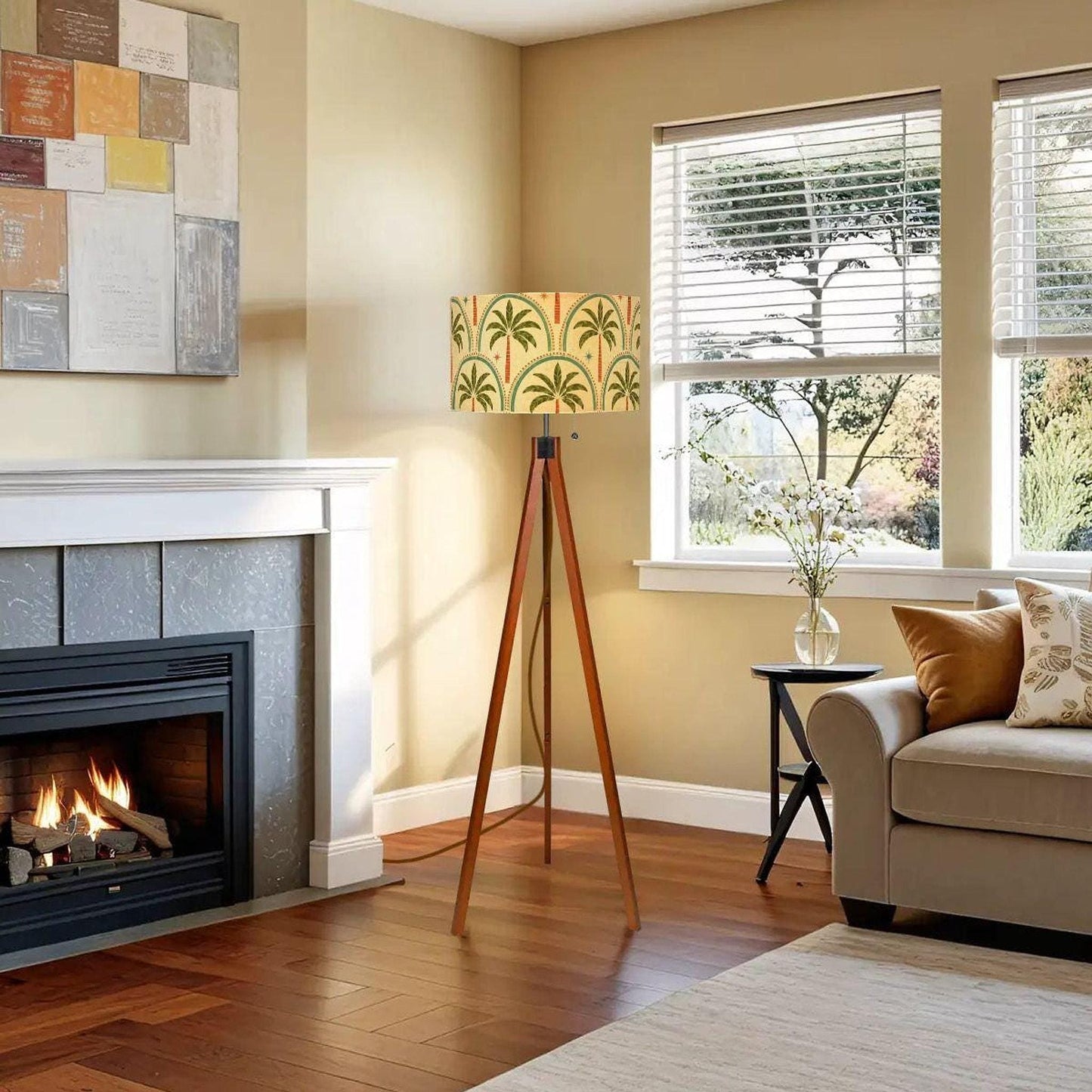 Retro Floor Lamp with Palm Tree Design, Wooden Tripod Base and LED Smart Bulb