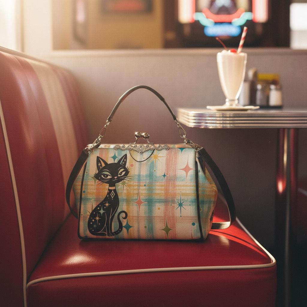 Retro Cat Purse, Mid Century Kiss Lock Handbag with Colorful Design