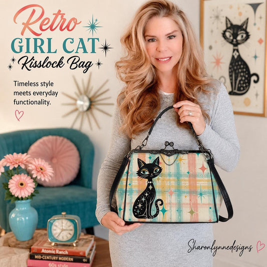 Retro Cat Purse, Mid Century Kiss Lock Handbag with Colorful Design