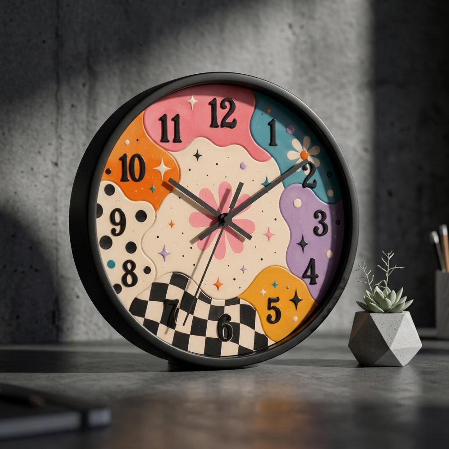 Colorful Wall Clock with Retro Daisy Swirl Design, 10" Size