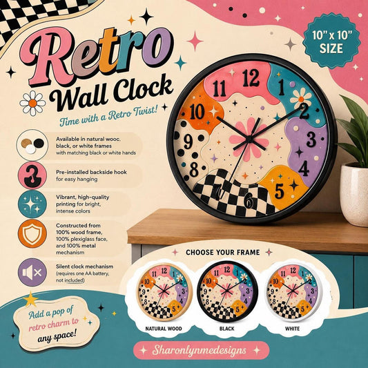 Colorful Wall Clock with Retro Daisy Swirl Design, 10" Size
