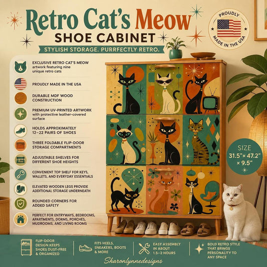Shoe Storage Cabinet with Retro Cat Design, Mid-Century Modern Entryway Organizer