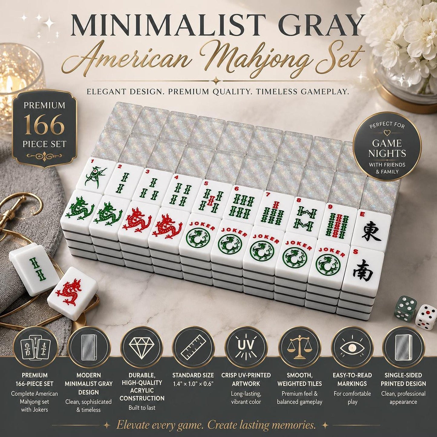 Mahjong Tile Set - Gray Minimalist Acrylic Game Pieces for Modern Play