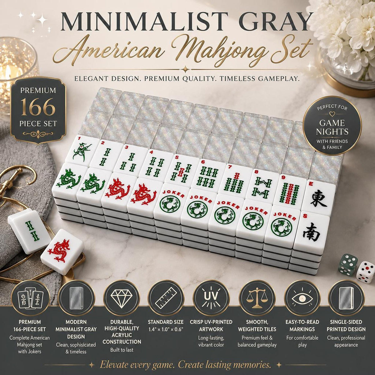 Mahjong Tile Set - Gray Minimalist Acrylic Game Pieces for Modern Play