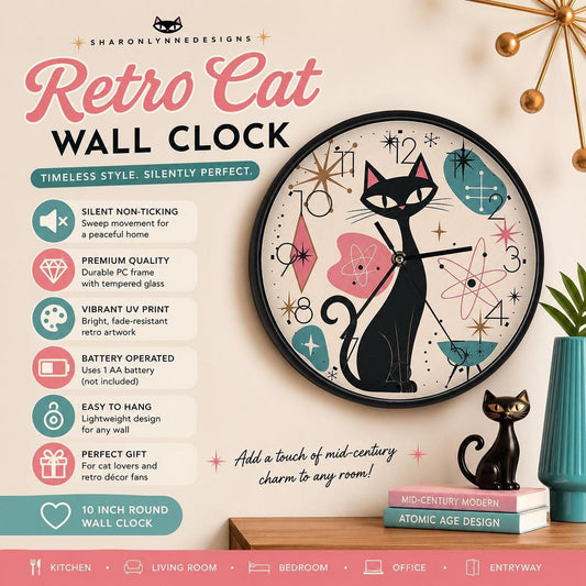 Cat Wall Clock with Retro Design, 10-Inch Silent Non-Ticking Decor