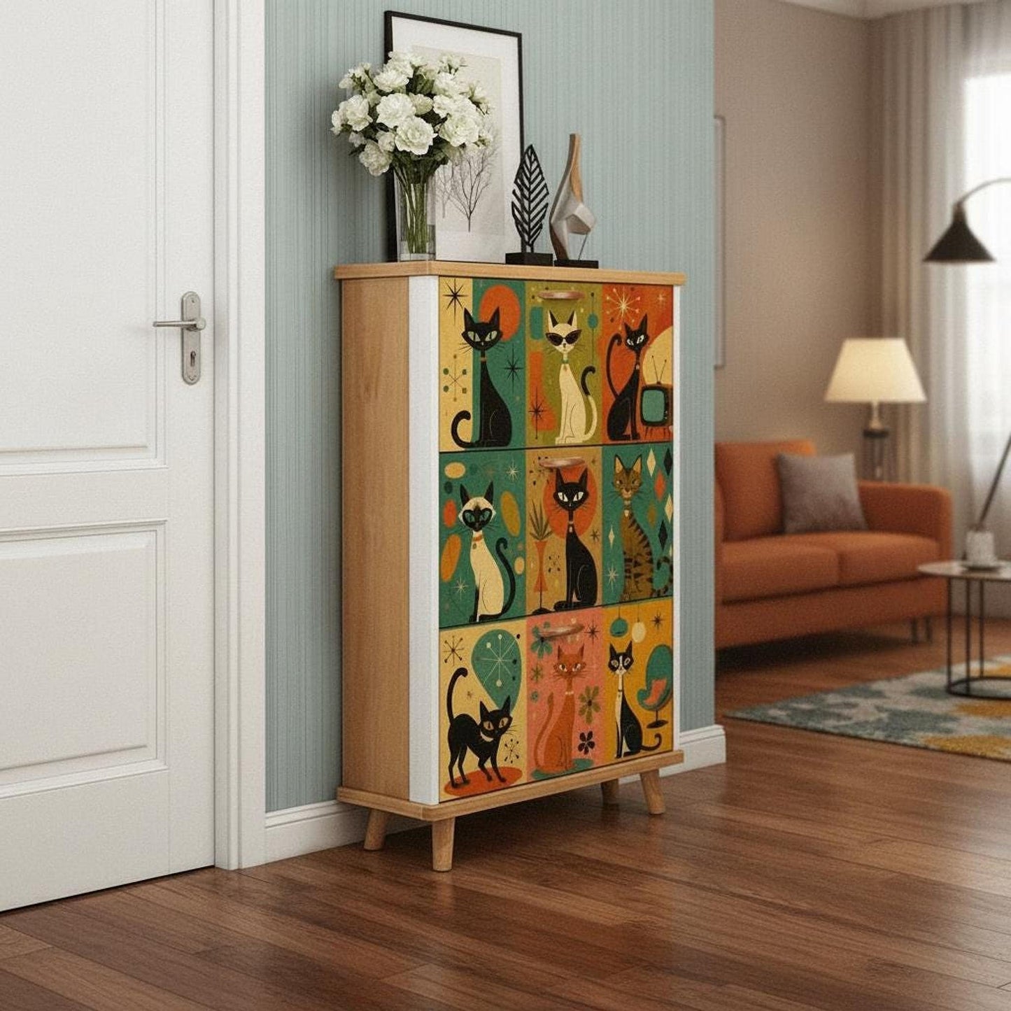 Shoe Storage Cabinet with Retro Cat Design, Mid-Century Modern Entryway Organizer