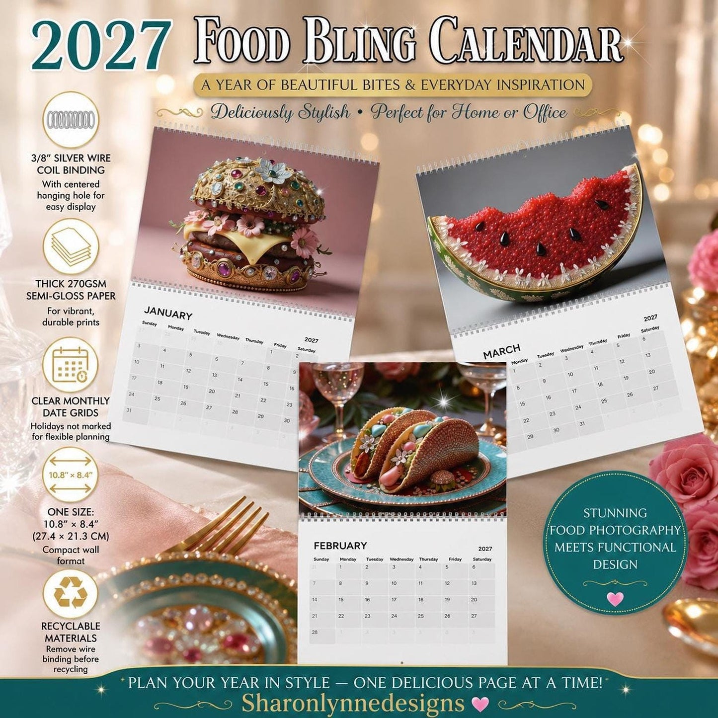 2027 Wall Calendar | Food Bling Photography with Colorful Art