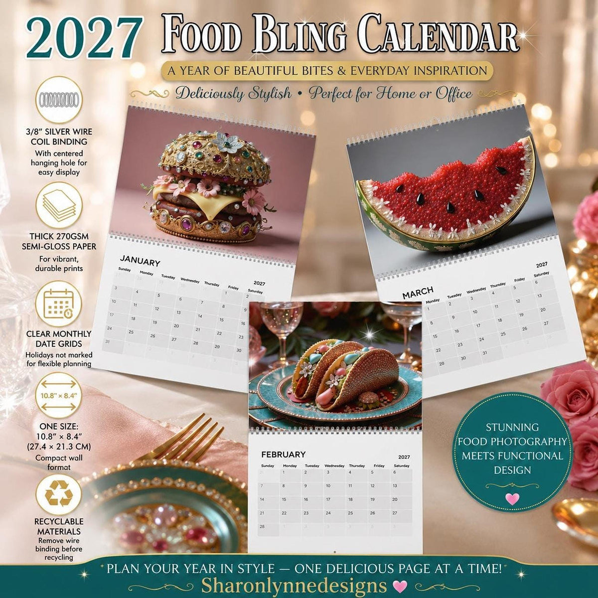 2027 Wall Calendar | Food Bling Photography with Colorful Art