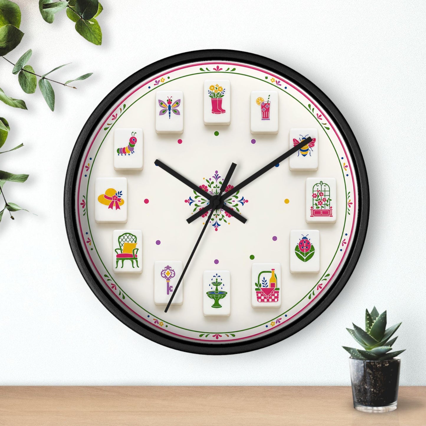 Floral Clock with Whimsical Illustrations, Mahjong Wall in Soft Cream