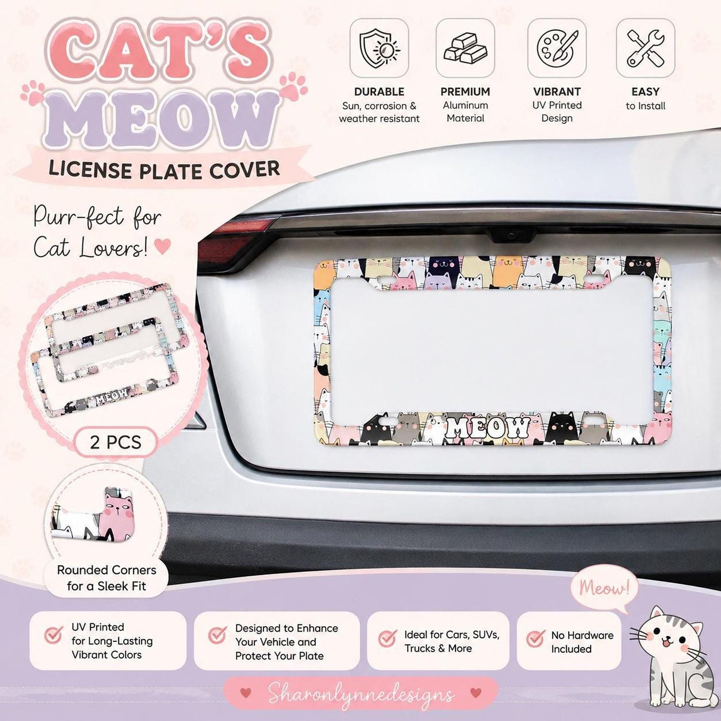 Cat License Plate Frame Set, Adorable Aluminum Car Tag Covers