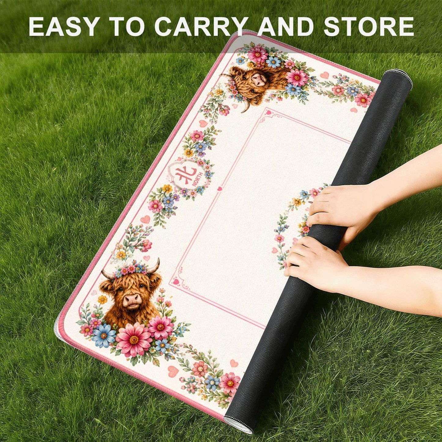Highland Cow Floral Mahjong Mat, Non-Slip Game Table Protector (26"x26")