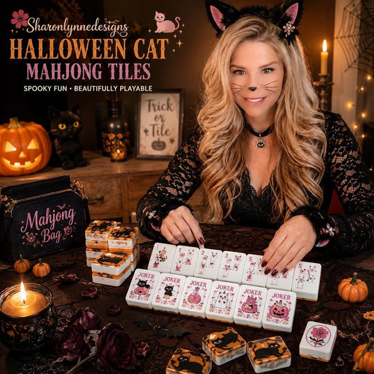 Halloween Mahjong Cat Tiles, 160-Piece Acrylic Set with Spooky Designs