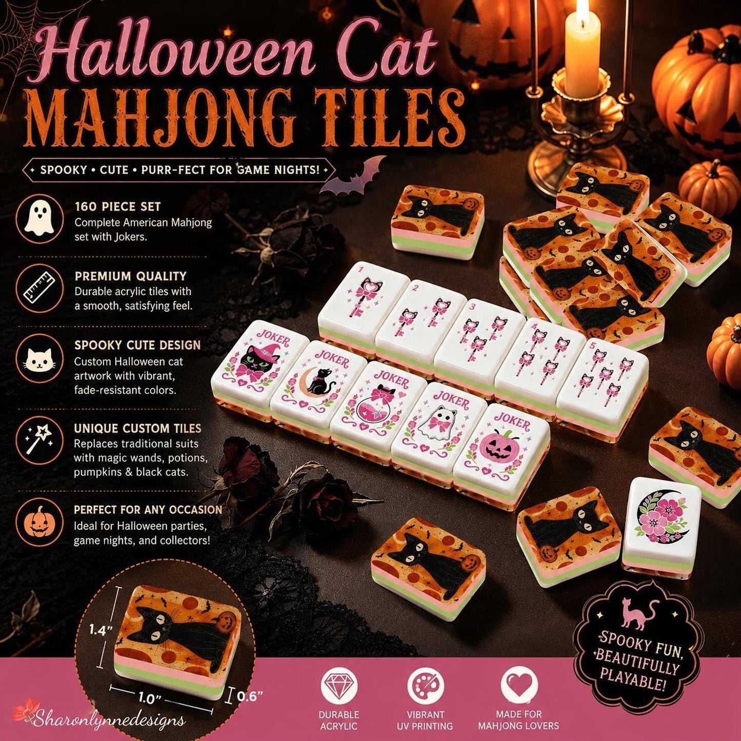 Halloween Mahjong Cat Tiles, 160-Piece Acrylic Set with Spooky Designs