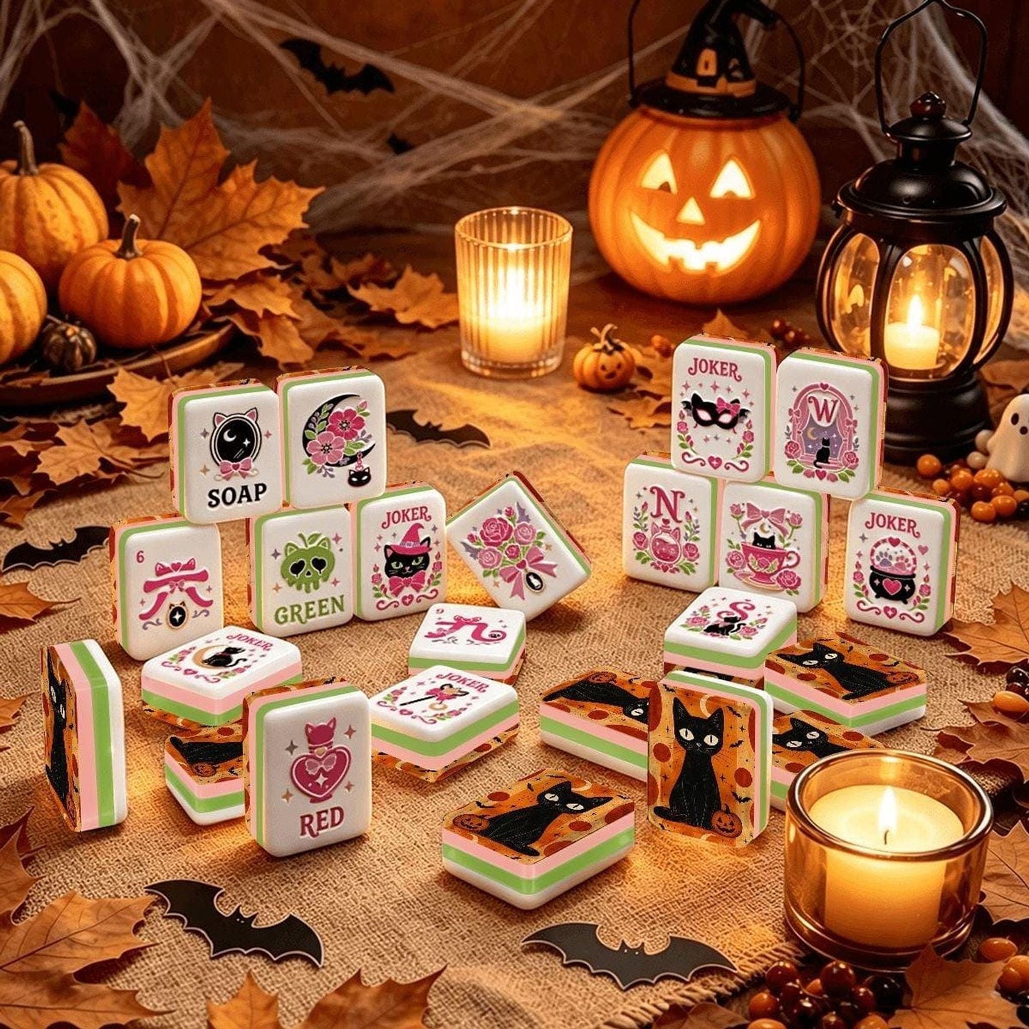 Halloween Mahjong Cat Tiles, 160-Piece Acrylic Set with Spooky Designs